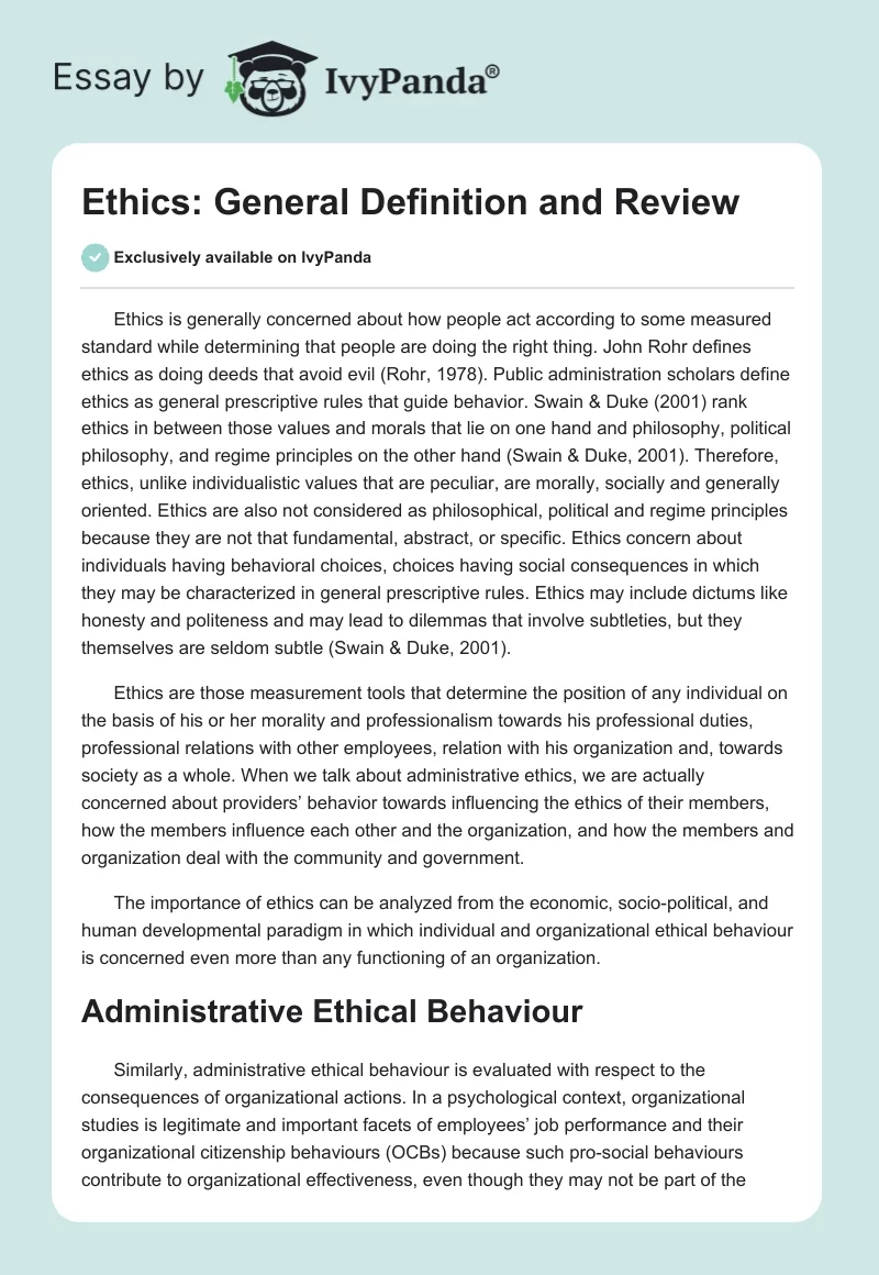 Ethics: General Definition and Review. Page 1