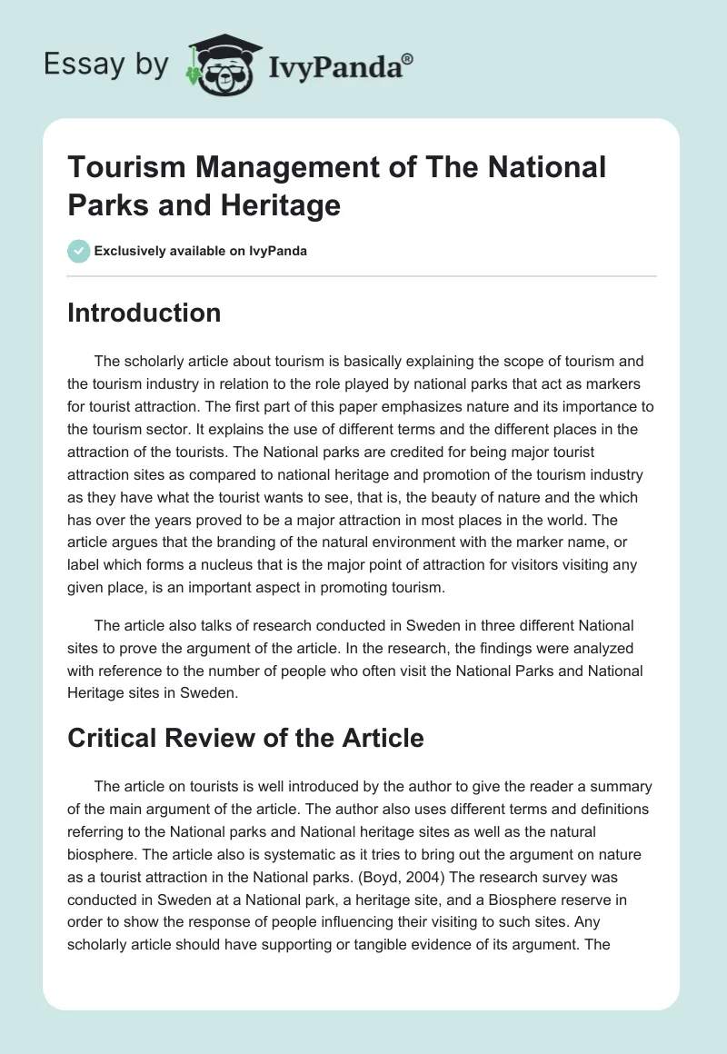 Tourism Management of the National Parks and Heritage. Page 1