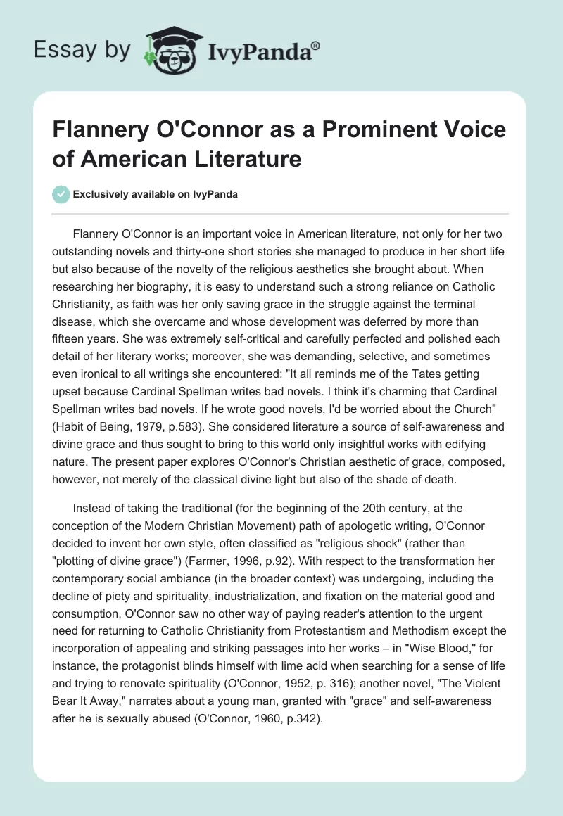 Flannery O'Connor as a Prominent Voice of American Literature. Page 1