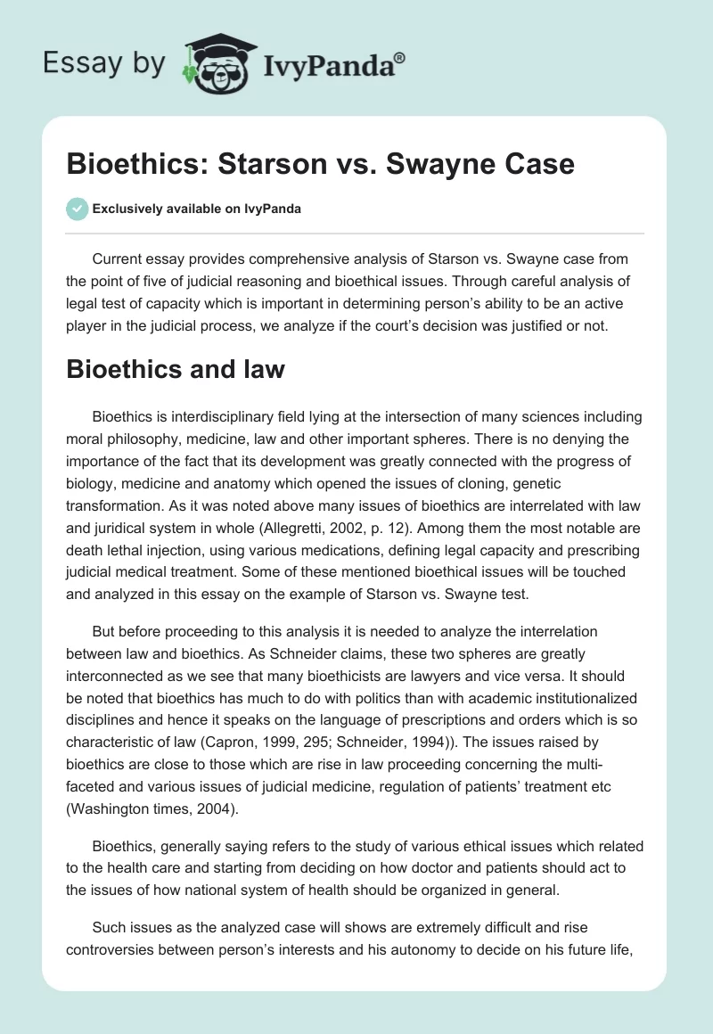 Bioethics: Starson vs. Swayne Case. Page 1