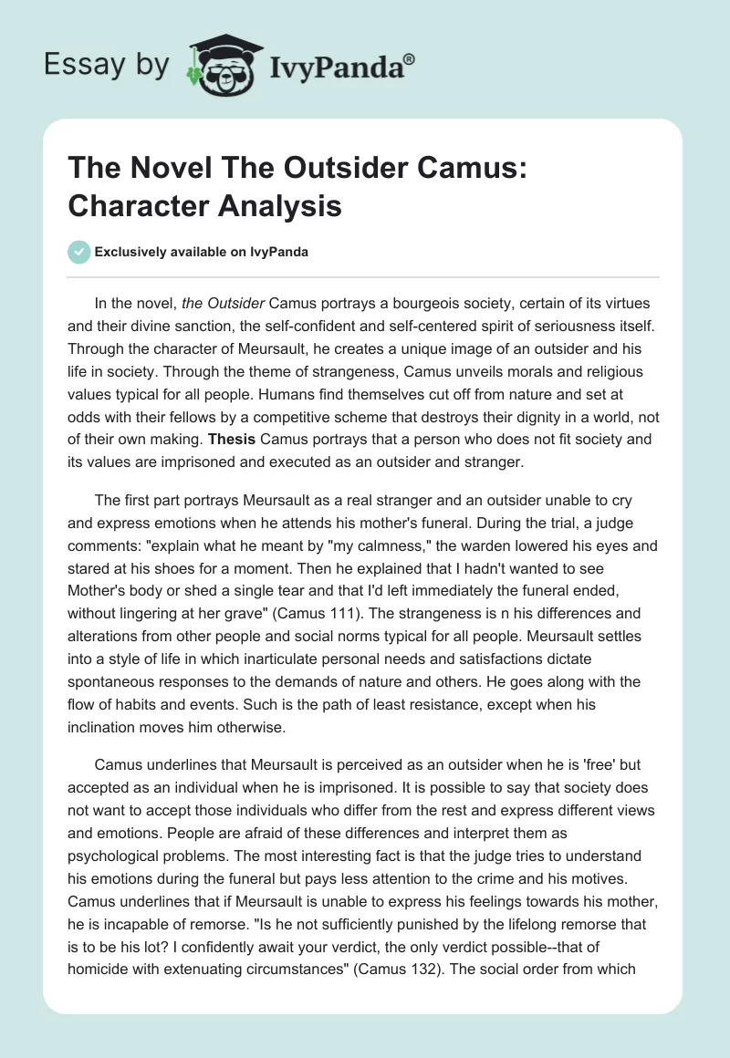The Novel The Outsider Camus: Character Analysis. Page 1