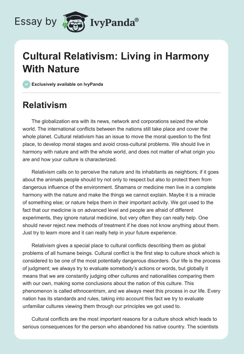 Cultural Relativism: Living in Harmony With Nature. Page 1