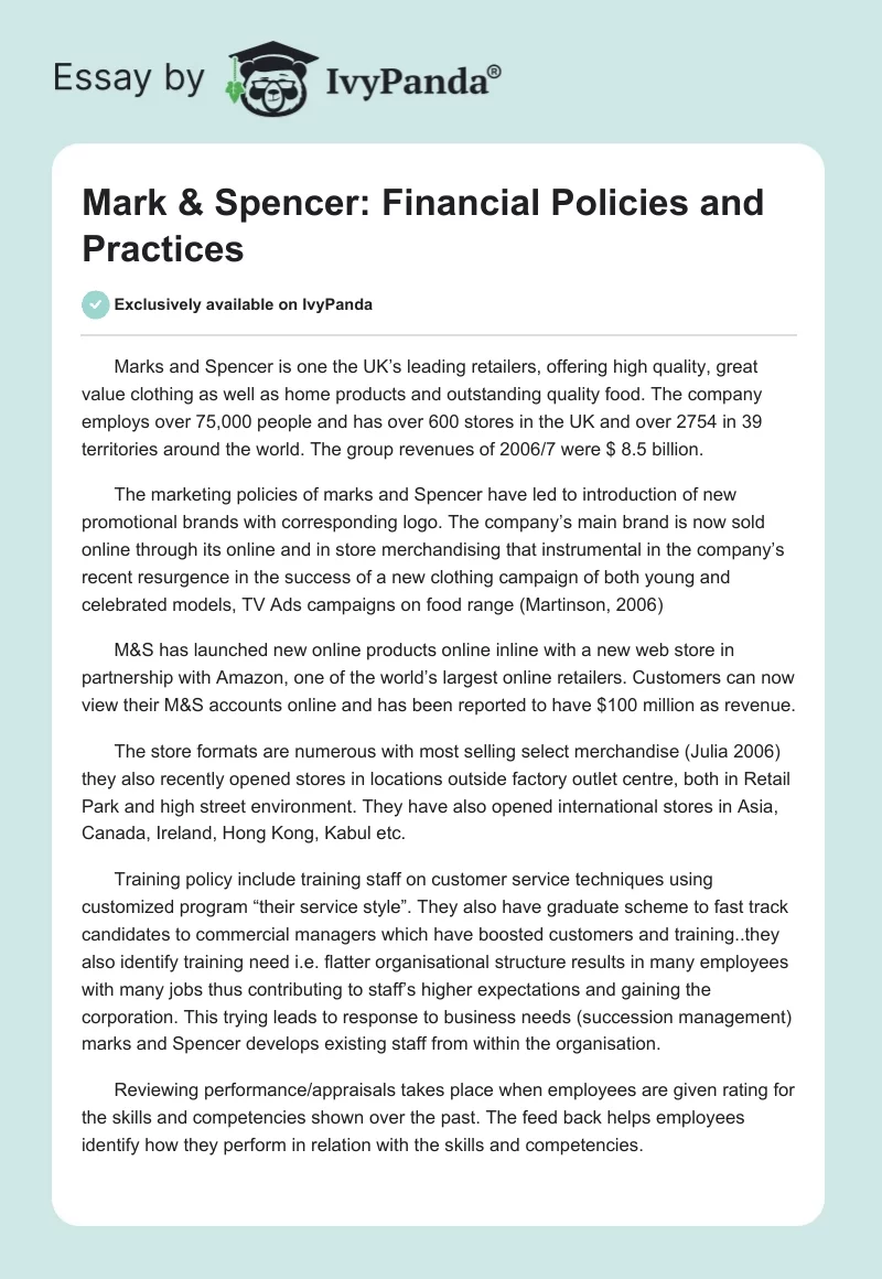 Mark & Spencer: Financial Policies and Practices. Page 1