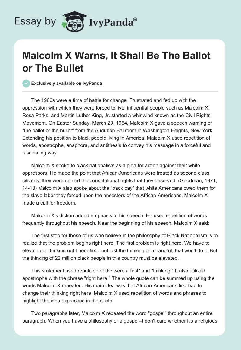 Malcolm X Warns, "It Shall Be The Ballot or The Bullet". Page 1