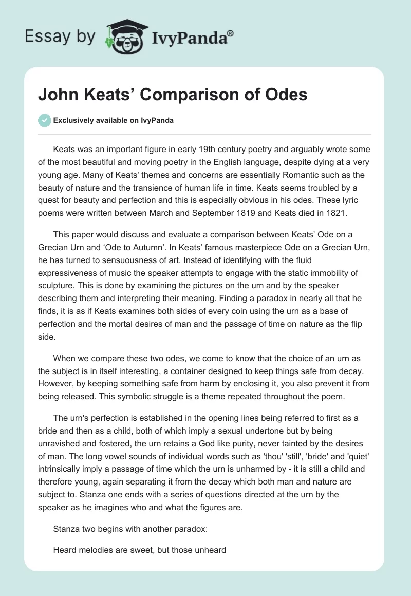 John Keats’ Comparison of Odes. Page 1