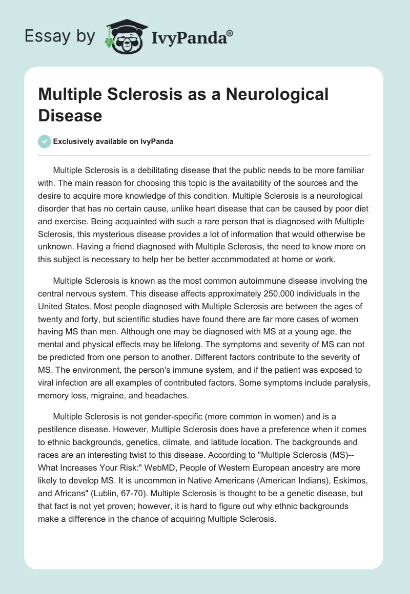 Multiple Sclerosis as a Neurological Disease. Page 1