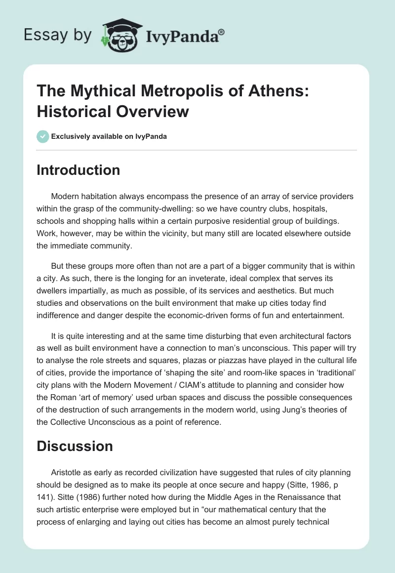 The Mythical Metropolis of Athens: Historical Overview. Page 1
