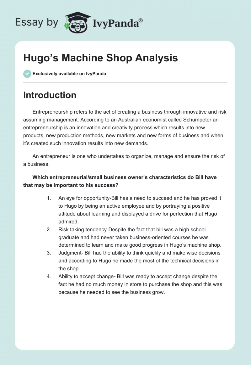 Hugo’s Machine Shop Analysis. Page 1