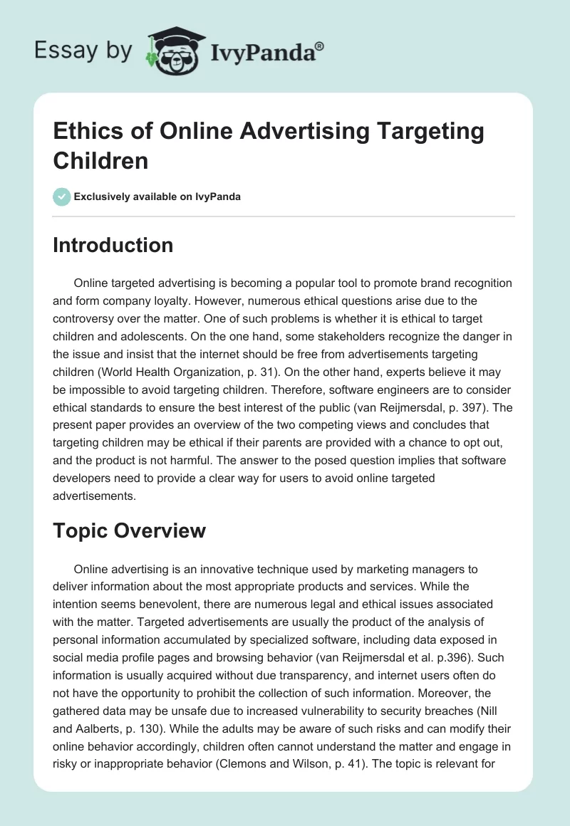 Ethics of Online Advertising Targeting Children. Page 1