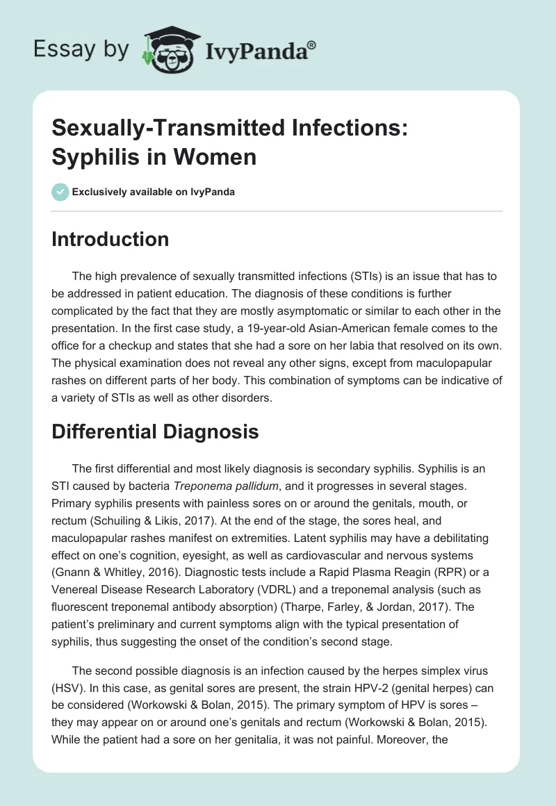 Sexually-Transmitted Infections: Syphilis in Women. Page 1