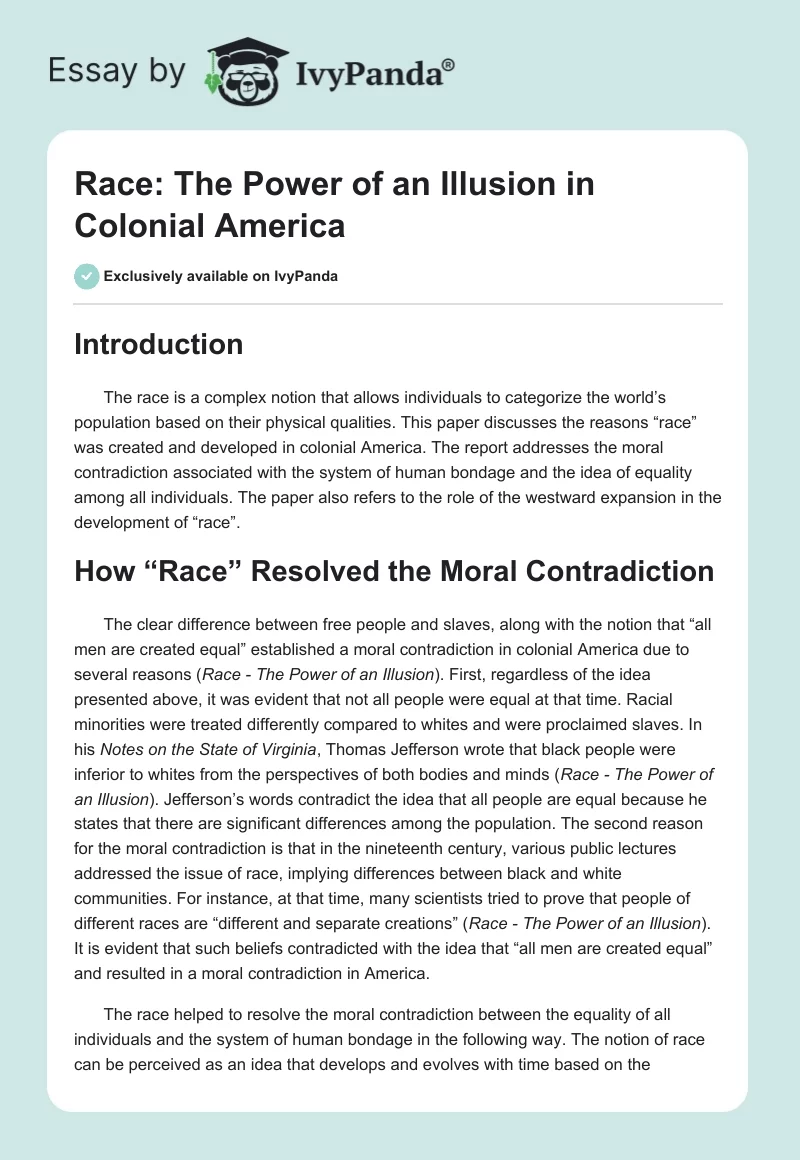 Race: The Power of an Illusion in Colonial America. Page 1