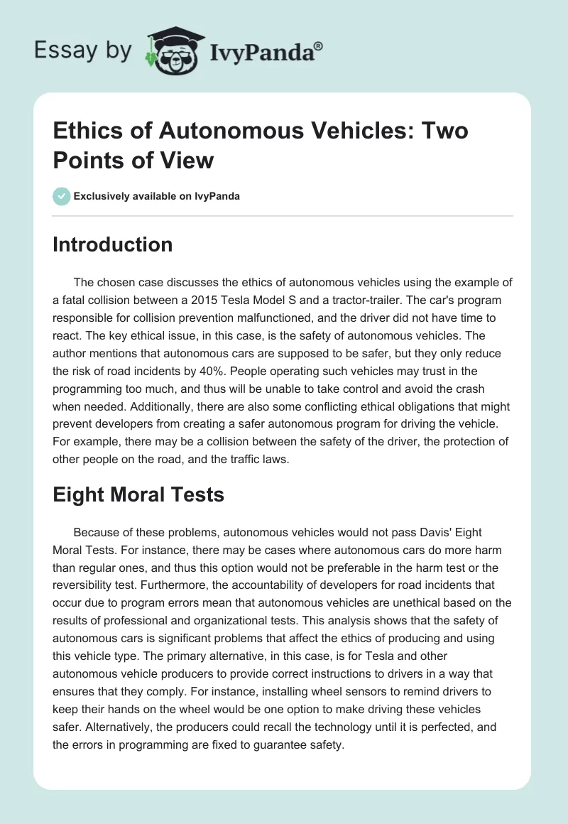 Ethics of Autonomous Vehicles: Two Points of View. Page 1