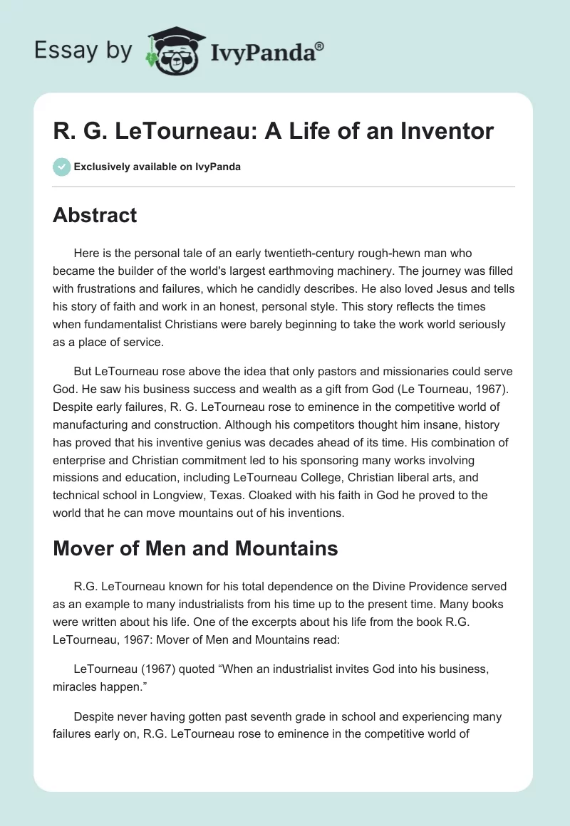 R. G. LeTourneau: A Life of an Inventor. Page 1
