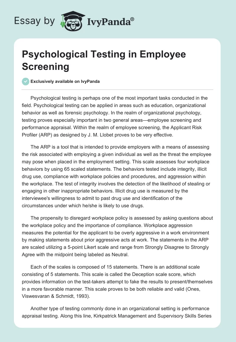 Psychological Testing in Employee Screening. Page 1