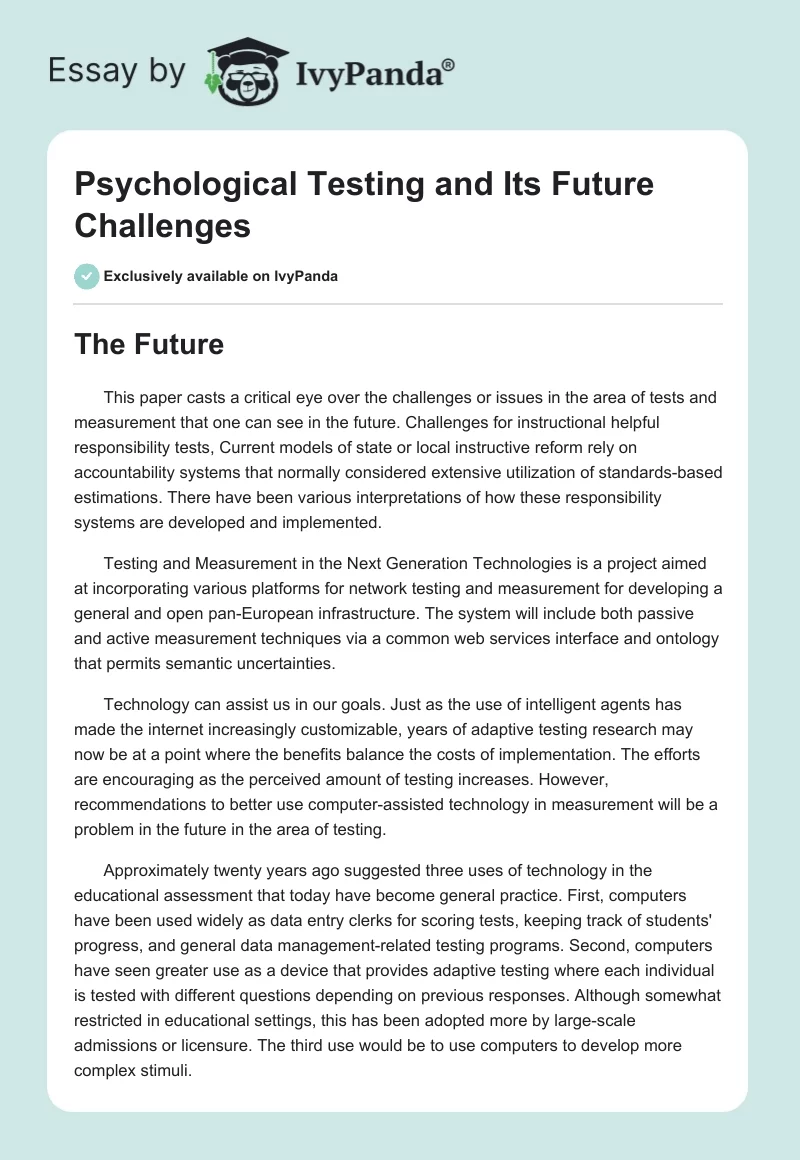 Psychological Testing and Its Future Challenges. Page 1