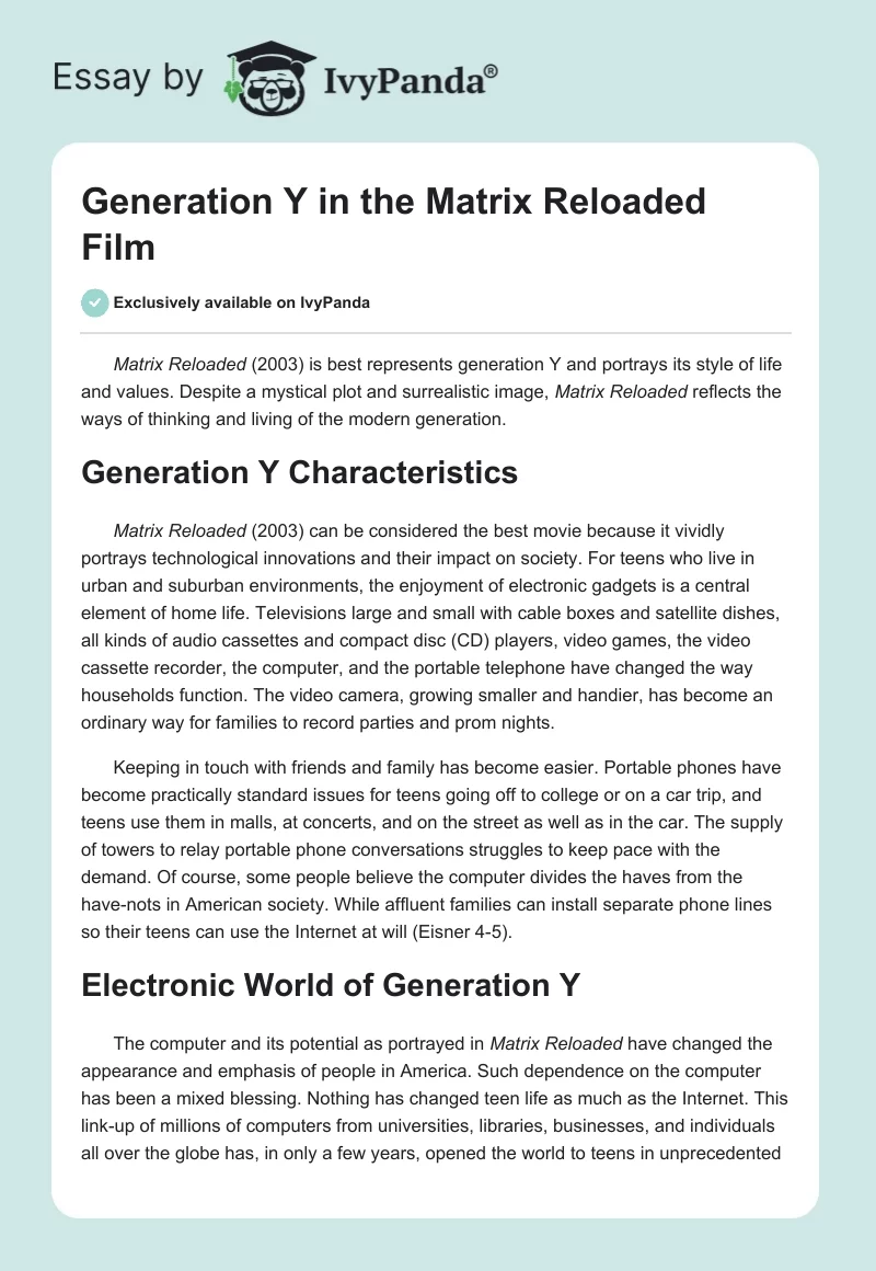 Generation Y in the "Matrix Reloaded" Film. Page 1