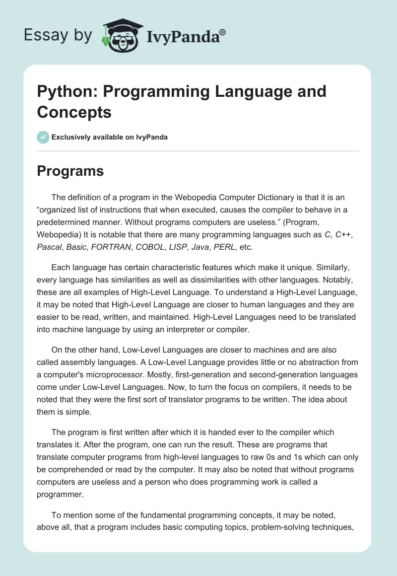 Python: Programming Language and Concepts. Page 1