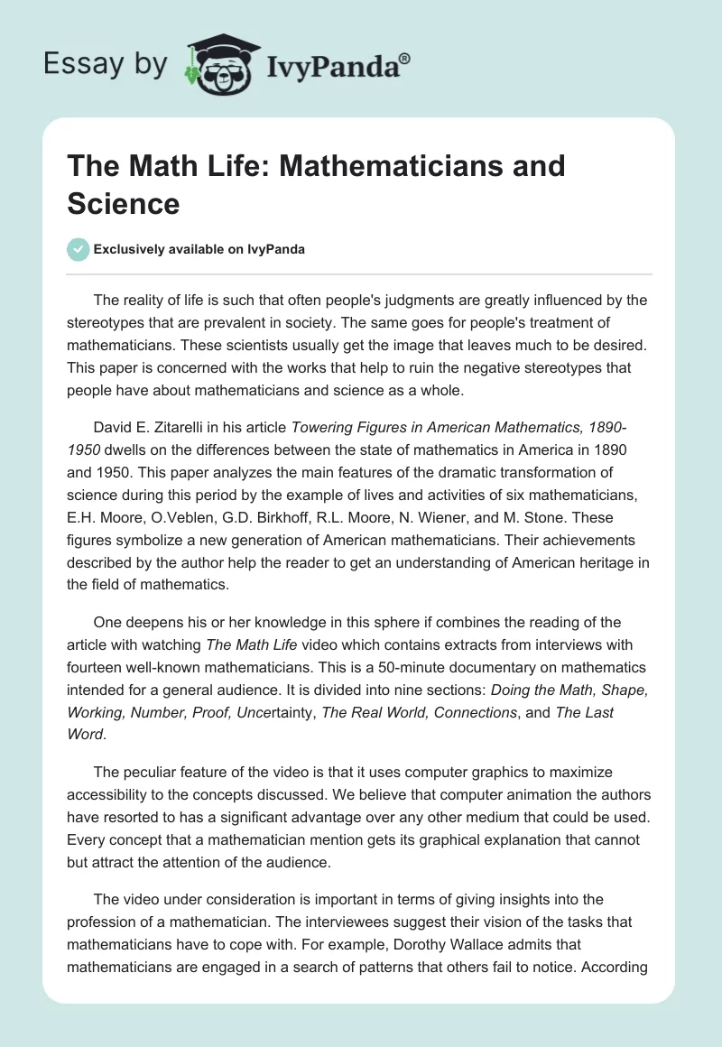 The Math Life: Mathematicians and Science. Page 1