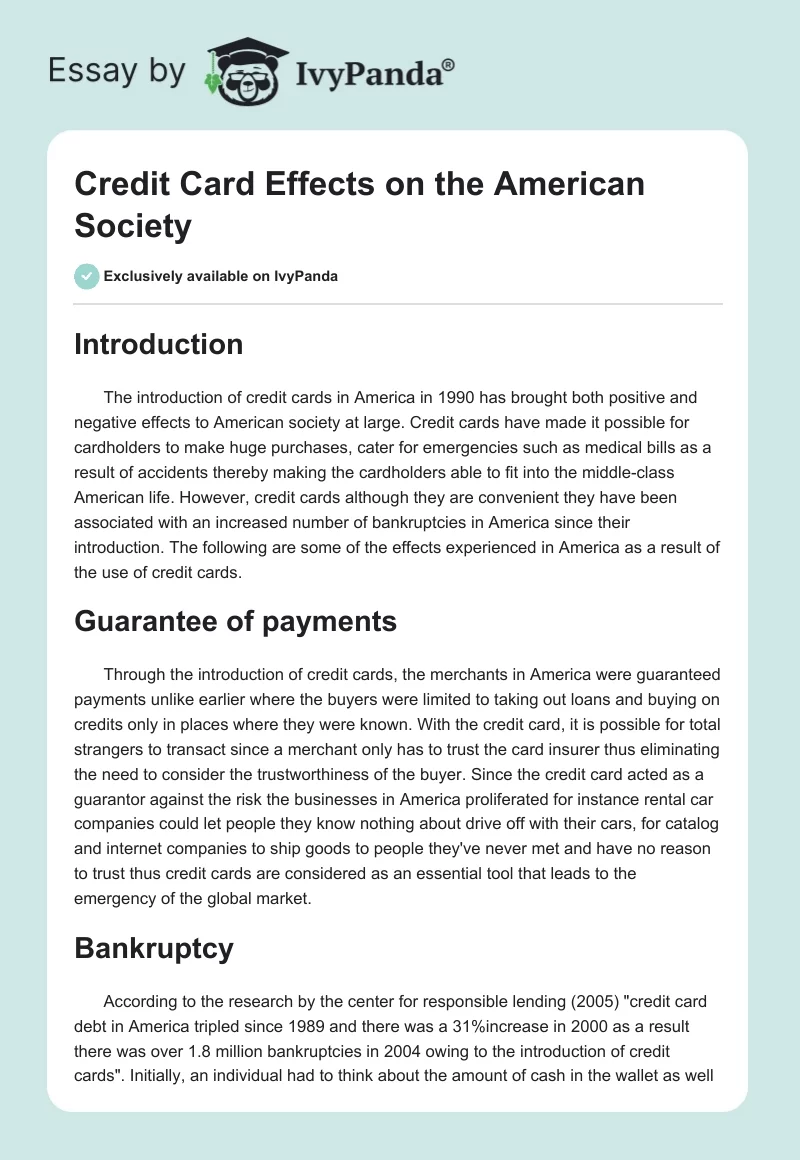 Credit Card Effects on the American Society. Page 1