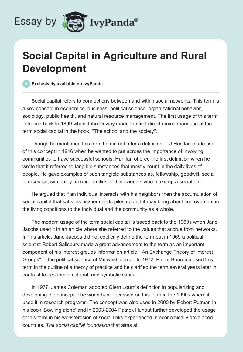 Social Capital in Agriculture and Rural Development. Page 1