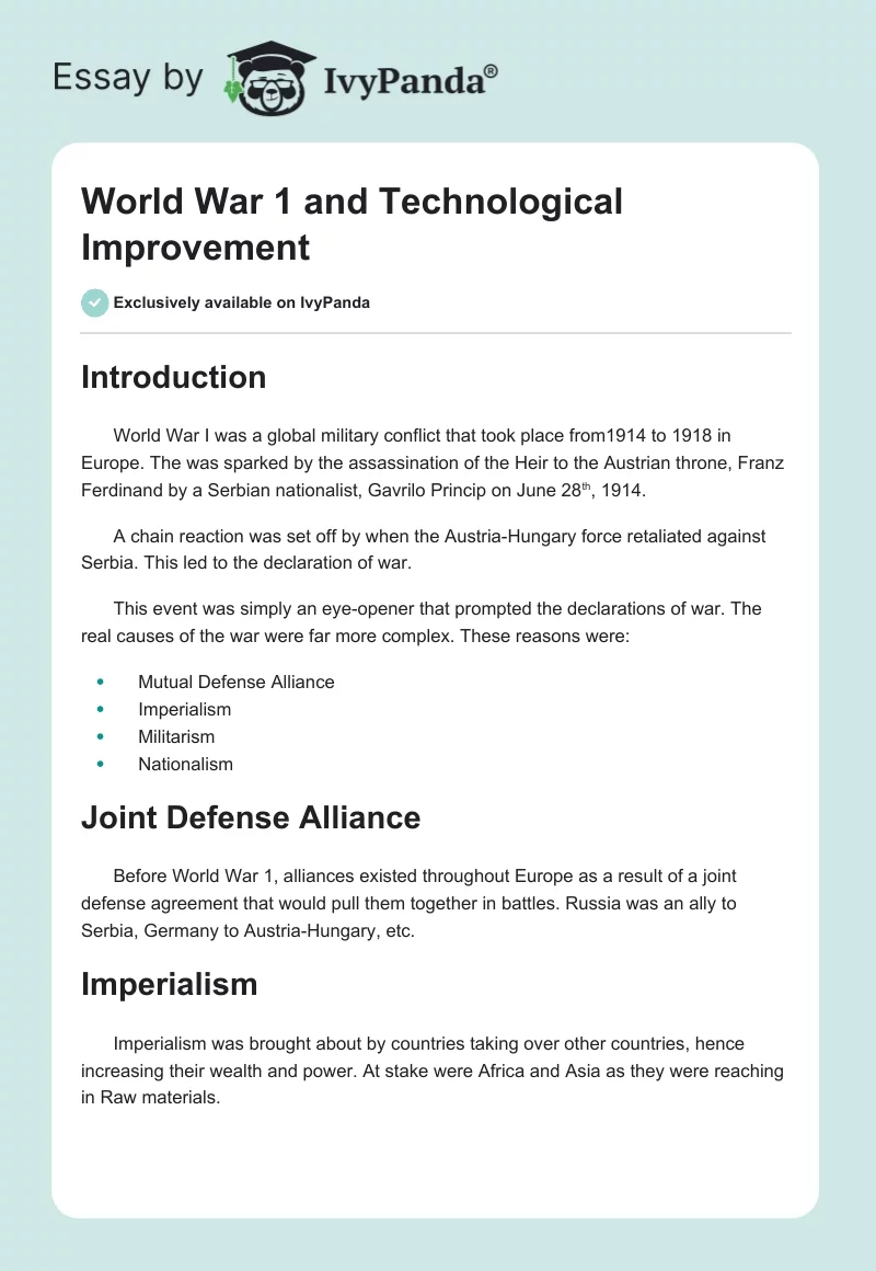 World War 1 and Technological Improvement. Page 1