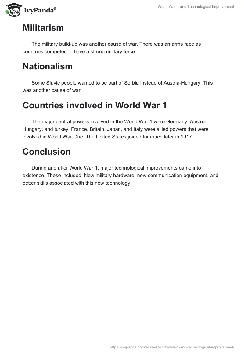 World War 1 and Technological Improvement. Page 2