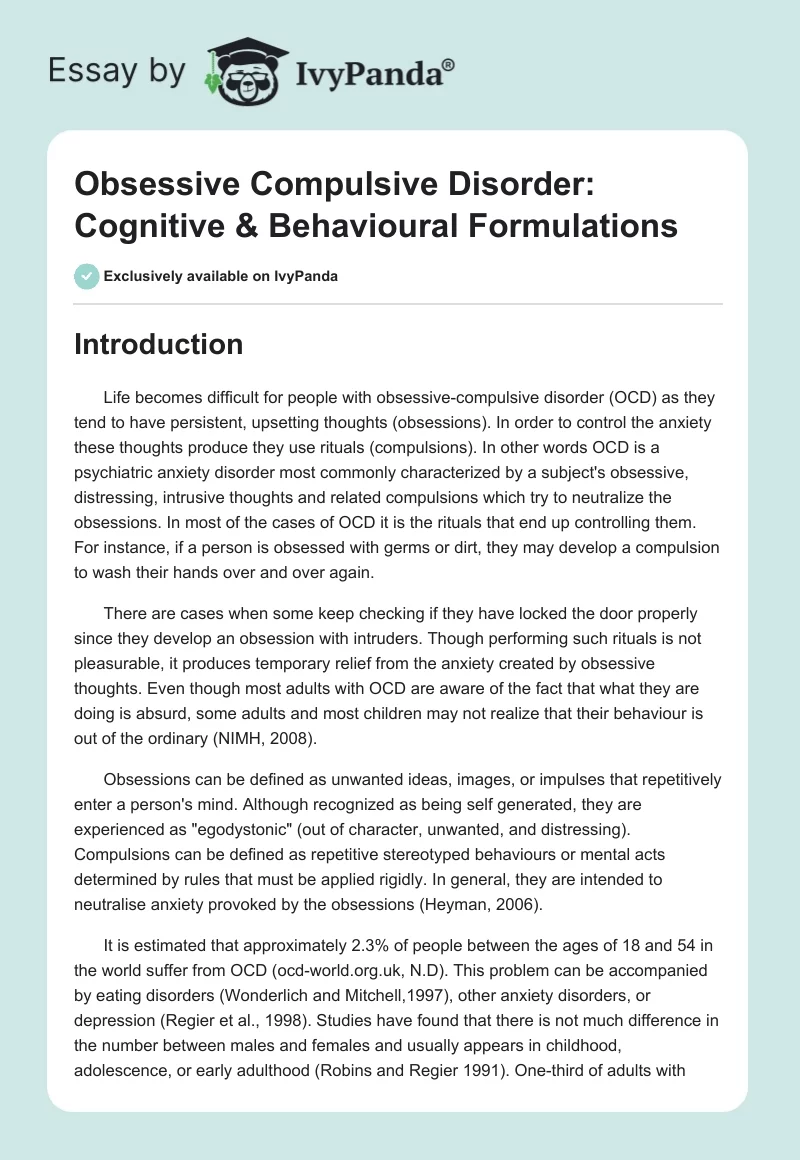 Obsessive Compulsive Disorder: Cognitive & Behavioural Formulations. Page 1