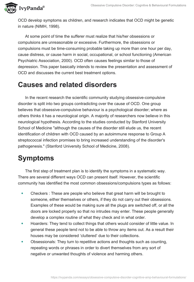 Obsessive Compulsive Disorder: Cognitive & Behavioural Formulations. Page 2
