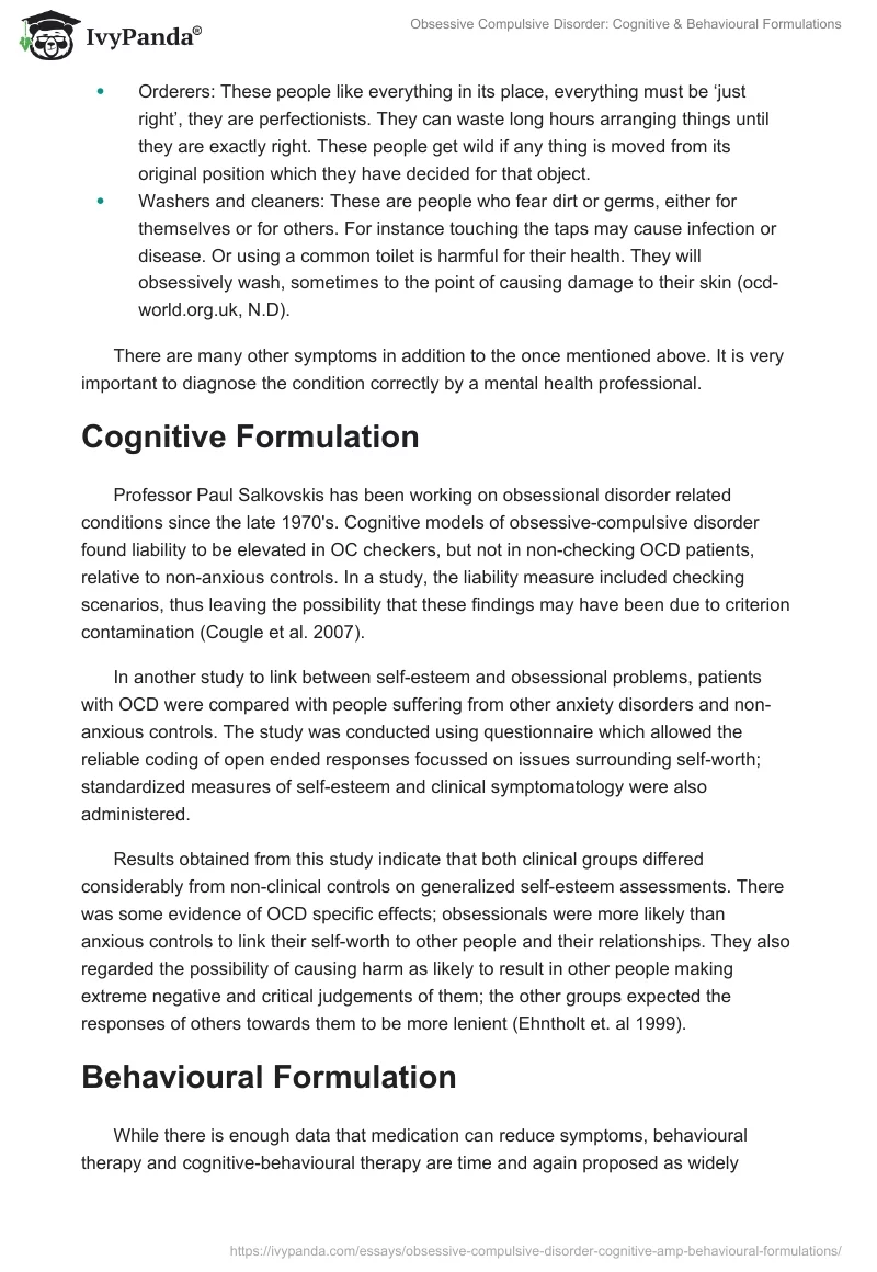 Obsessive Compulsive Disorder: Cognitive & Behavioural Formulations. Page 3