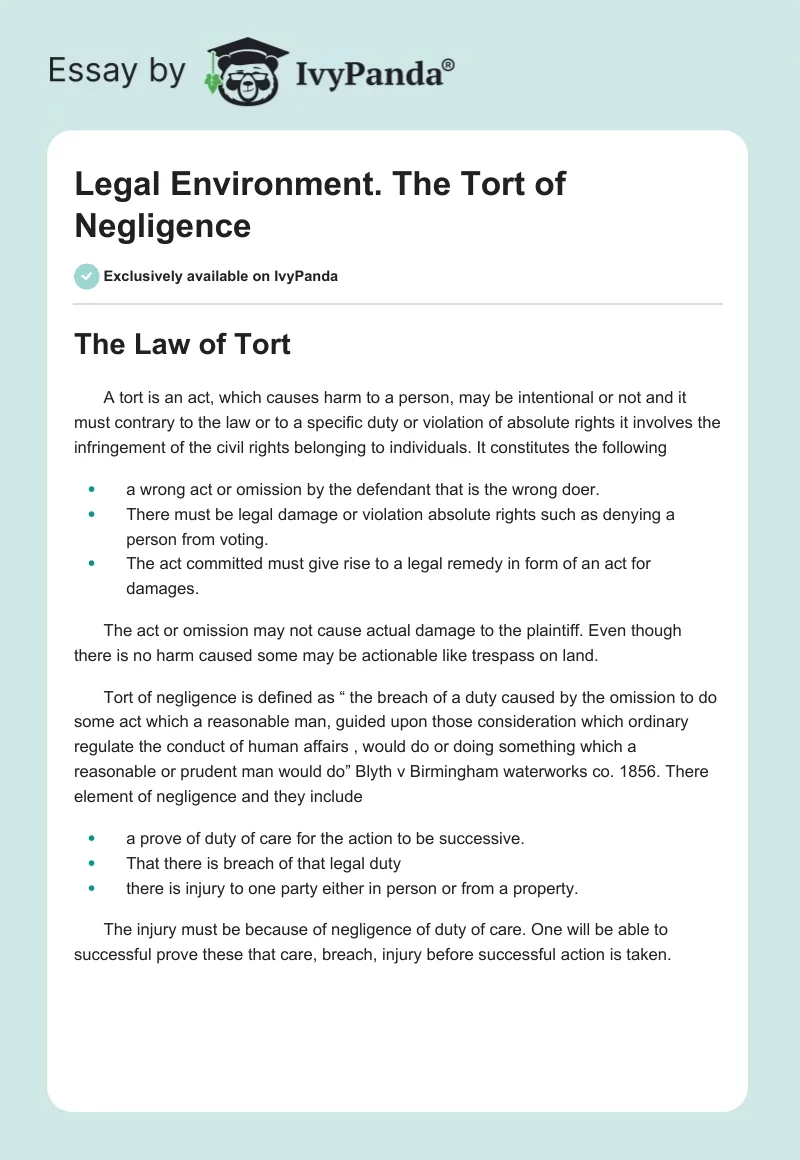 Legal Environment. The Tort of Negligence. Page 1