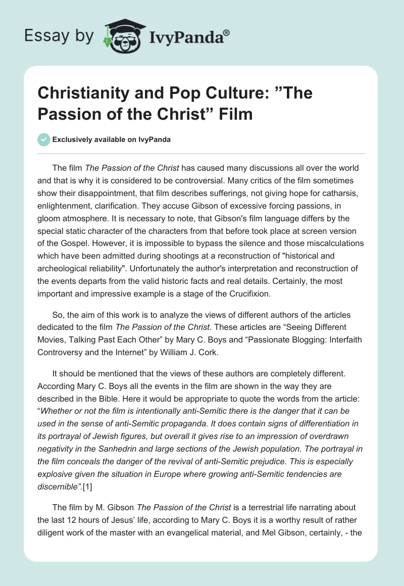 Christianity and Pop Culture: ”The Passion of the Christ” Film. Page 1