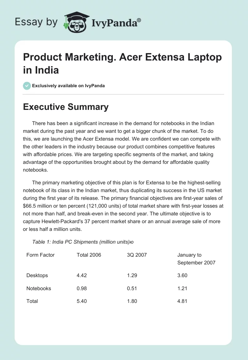Product Marketing. Acer Extensa Laptop in India. Page 1