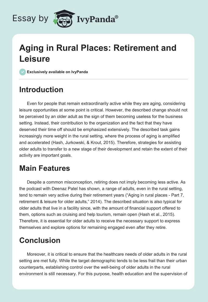 Aging in Rural Places: Retirement and Leisure. Page 1