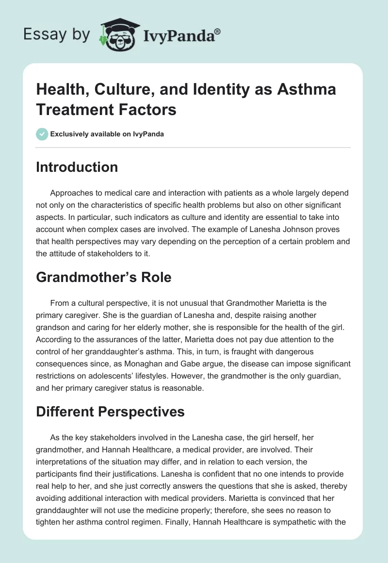 Health, Culture, and Identity as Asthma Treatment Factors. Page 1
