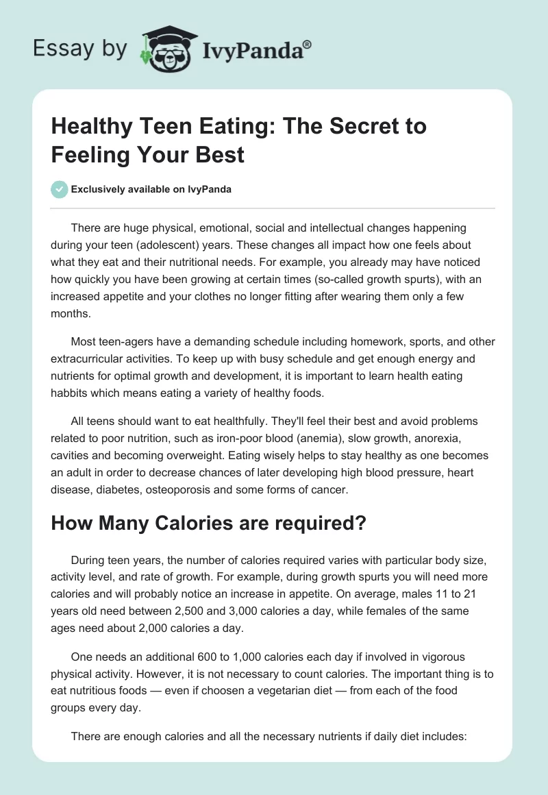 Healthy Teen Eating: The Secret to Feeling Your Best. Page 1
