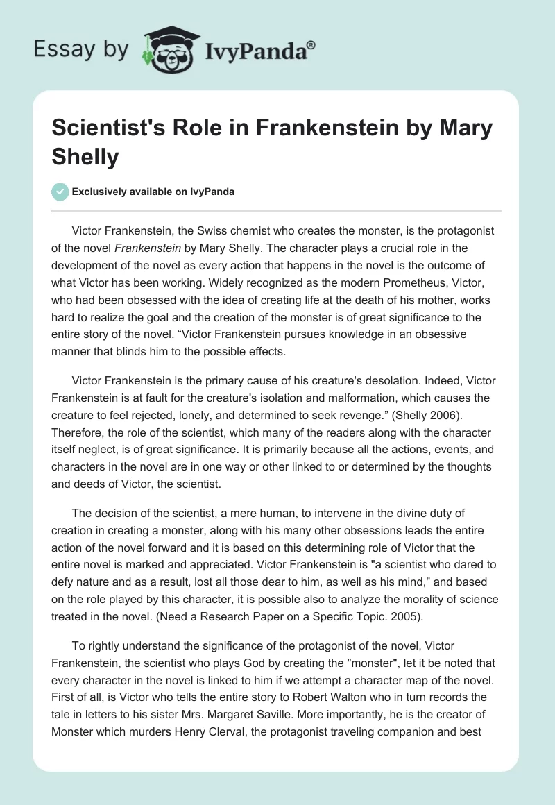 Scientist's Role in "Frankenstein" by Mary Shelly. Page 1
