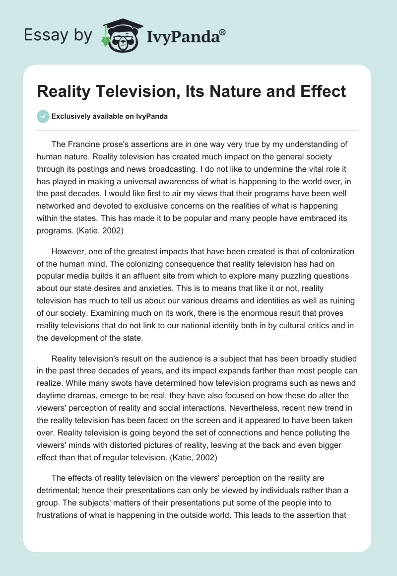 Reality Television, Its Nature and Effect. Page 1