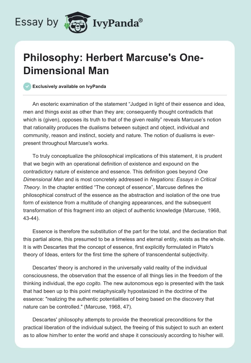 Philosophy: Herbert Marcuse's One-Dimensional Man. Page 1