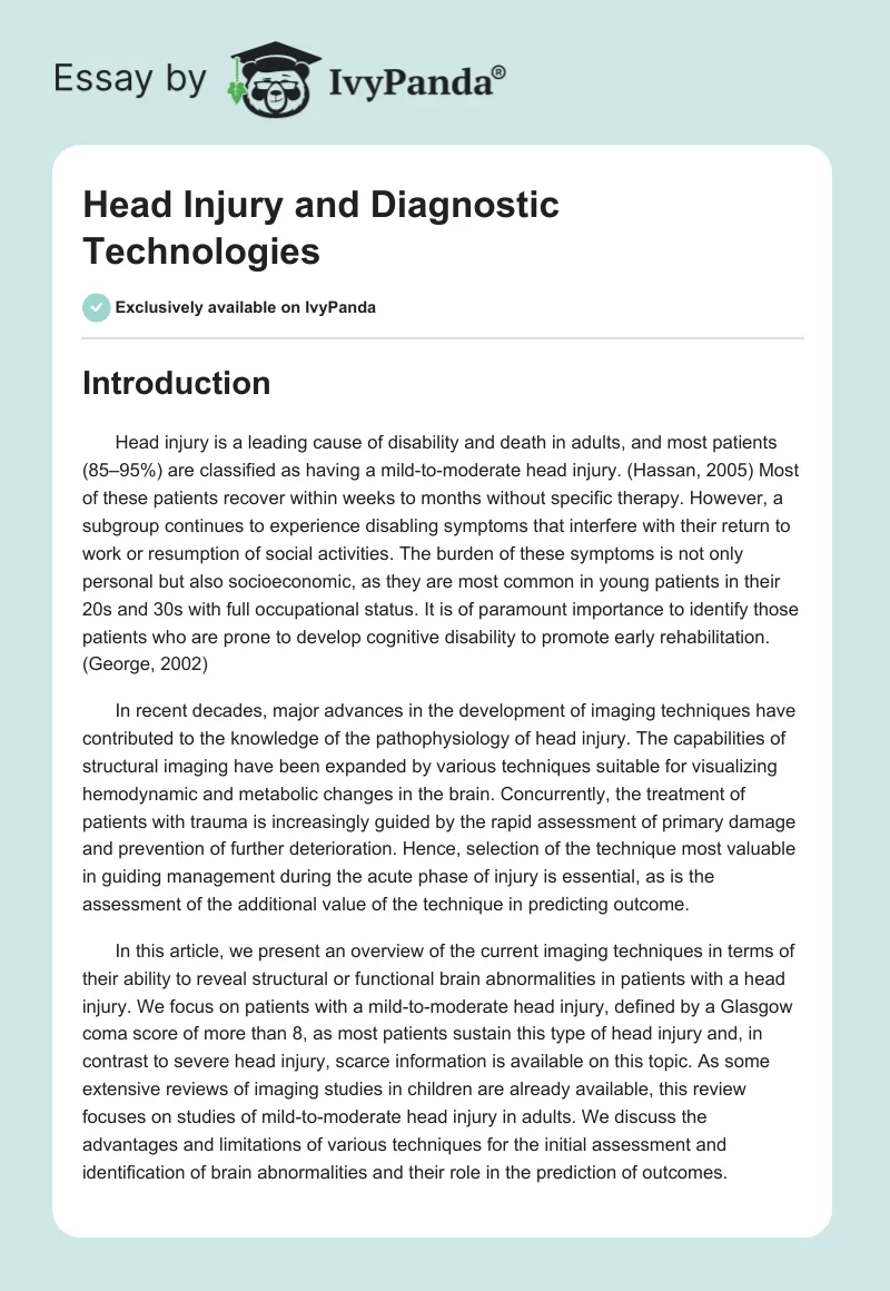 Head Injury and Diagnostic Technologies. Page 1