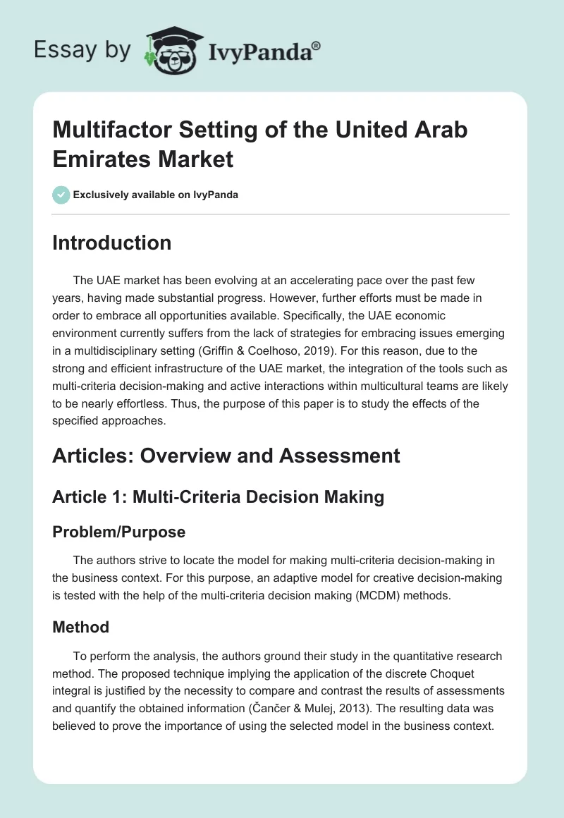 Multifactor Setting of the United Arab Emirates Market. Page 1