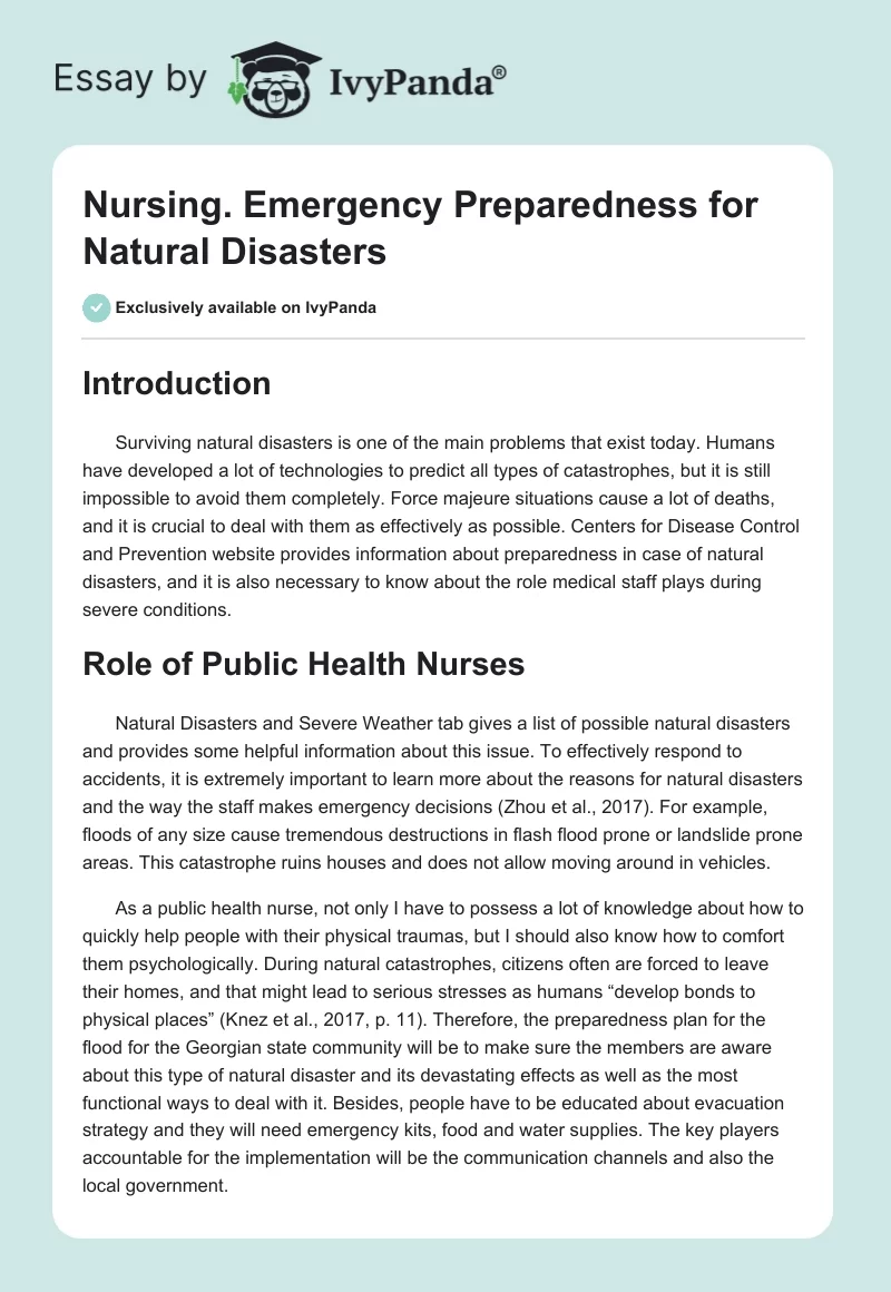 Nursing: Emergency Preparedness for Natural Disasters. Page 1