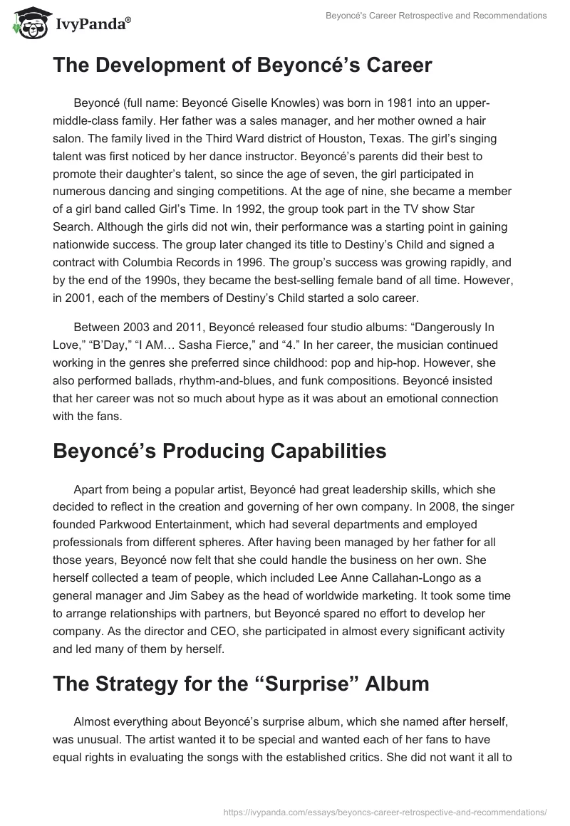 Beyoncé's Career Retrospective and Recommendations. Page 2