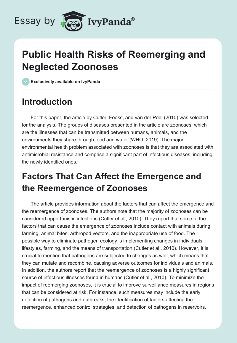 Public Health Risks of Reemerging and Neglected Zoonoses. Page 1