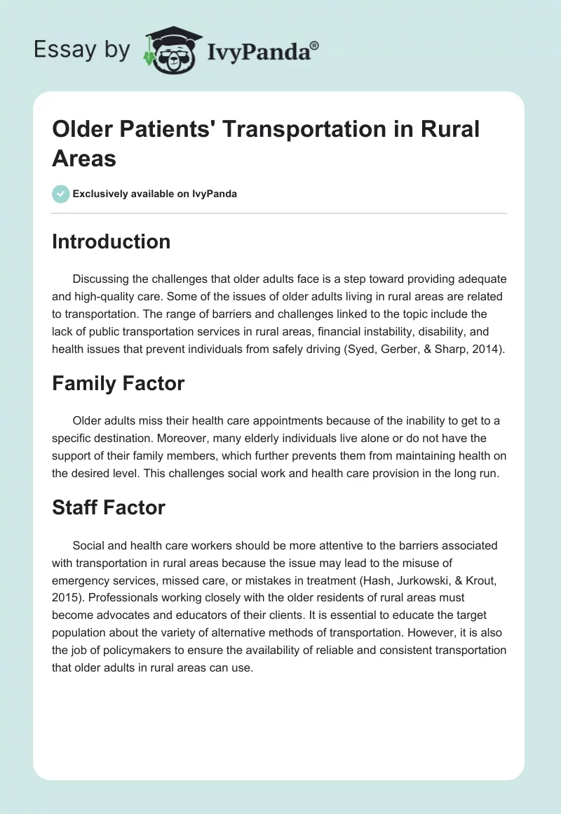 Older Patients' Transportation in Rural Areas. Page 1