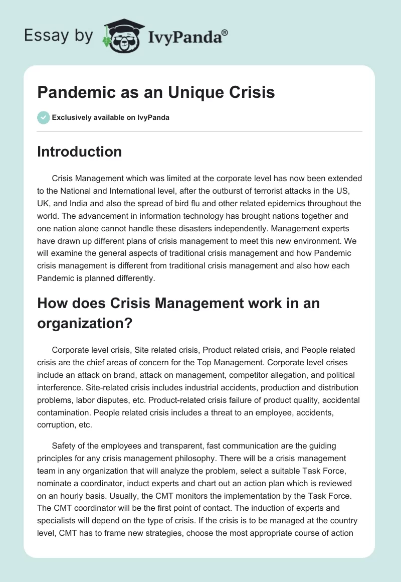 Pandemic as an Unique Crisis. Page 1