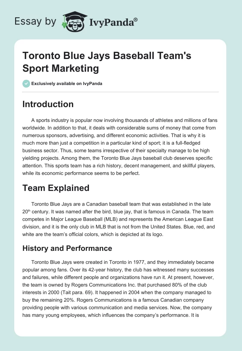 Toronto Blue Jays Baseball Team's Sport Marketing. Page 1