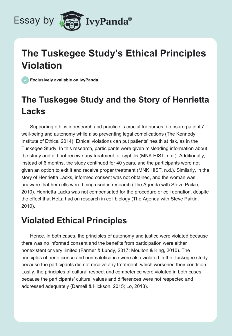 The Tuskegee Study's Ethical Principles Violation. Page 1