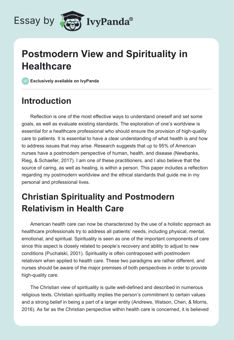 Postmodern View and Spirituality in Healthcare. Page 1