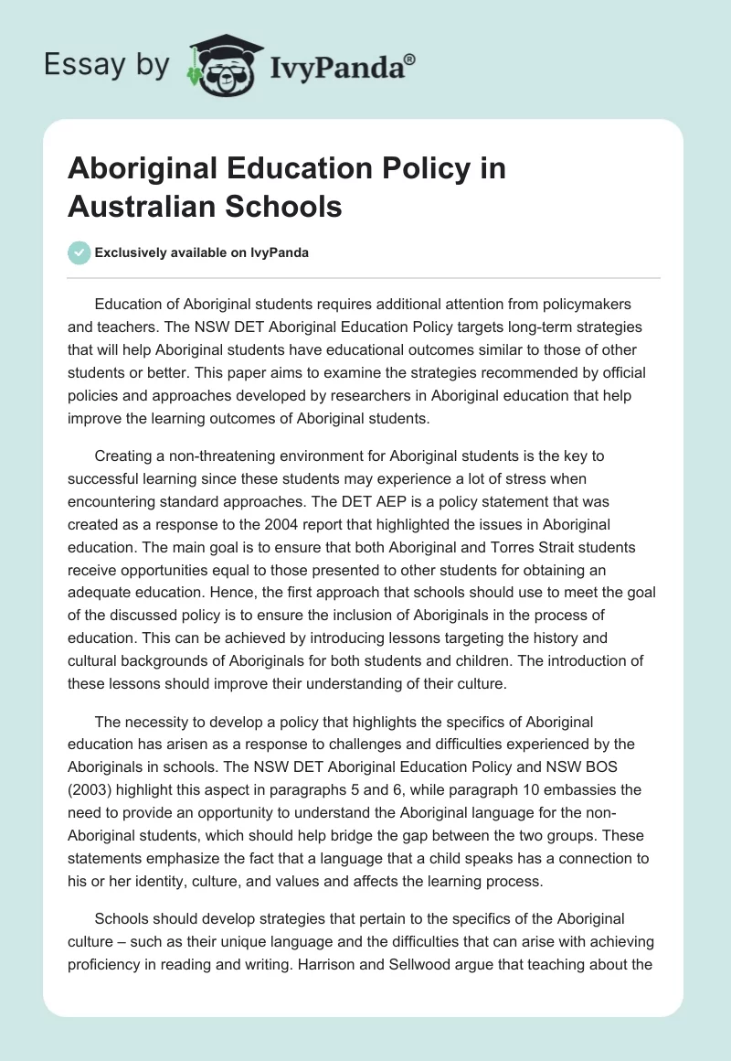 Aboriginal Education Policy in Australian Schools. Page 1