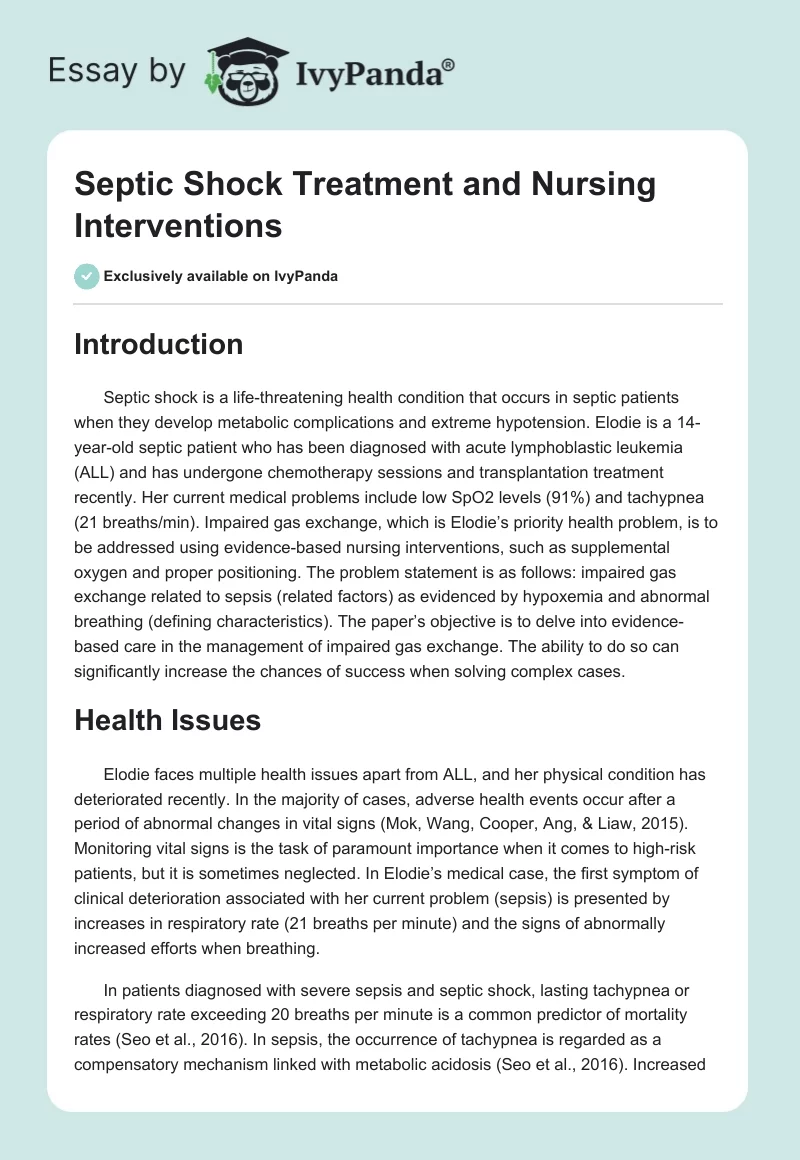 Septic Shock Treatment and Nursing Interventions. Page 1